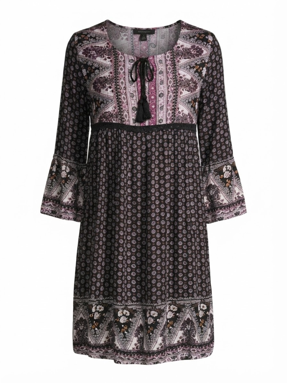Black Floral Long-Sleeve Boho Dress with Bell Sleeves